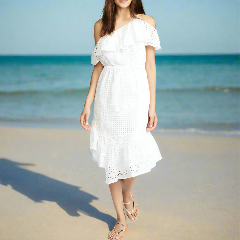 Joie Corynn One Shoulder Eyelet Midi Dress White Cotton Small